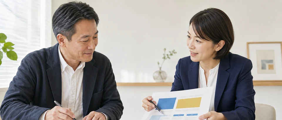 スタッフが資料を示しながら納得して聞くクライアントへ説明する様子